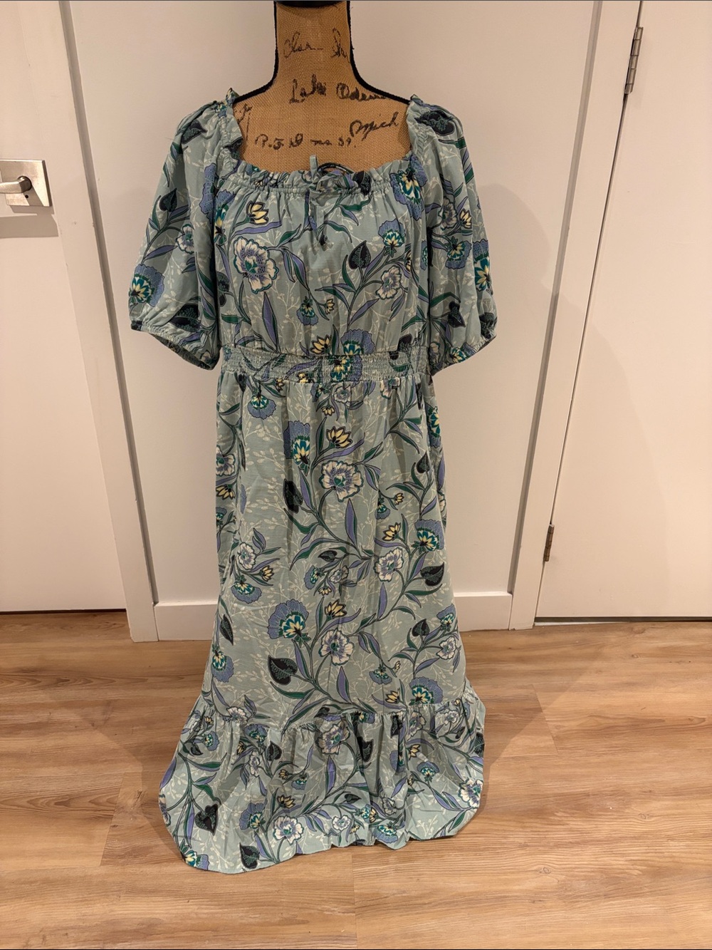 LOFT Light Blue Floral Midi Dress with Puff Sleeves